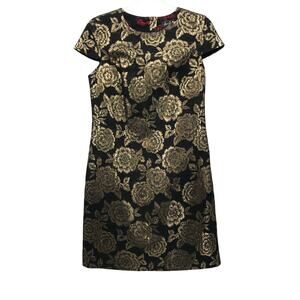 Sam Edelman Black Gold Floral Brocade Cap Sleeve Sheath Dress Size 6